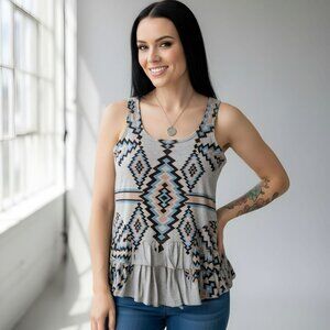 Romeo & Juliet Couture ✦ Grey Blue Aztec Print Sleeveless Ruffle Hem Top ✦ M